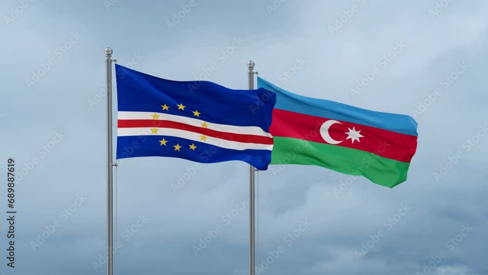 Azerbaijan and Cape Verde flag waving together on cloudy sky, endless seamless loop, two country cooperation concept Azerbaijan and Cape Verde flag waving together on cloudy sky, endless seamless loop, two country cooperation concept