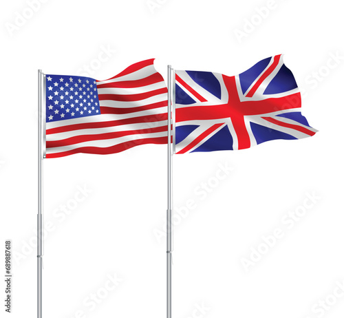 American and British flags together.USA,Uk flags on pole