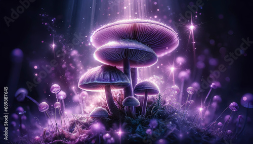 wallpaper with mushrooms in the foreground and black background with bioluminescent effect and luminous flashes, close up, black background, 4K wallpaper