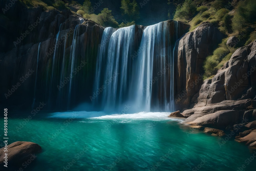 Craft an image of a waterfall amidst rocky cliffs, with water splashing into a crystal-clear pool below Craft an image of a waterfall amidst rocky cliffs, with water splashing into a crystal-clear pool below