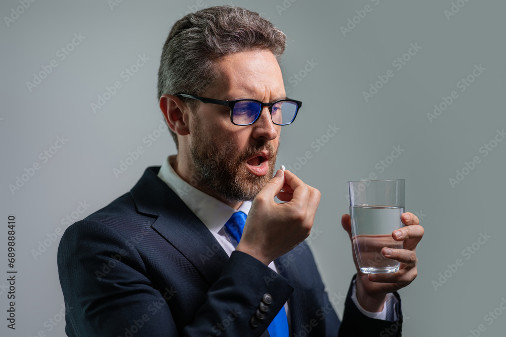 Tired, headache and eye strain. Medicine pill from headache migraine. Tired, headache and eye strain. Medicine pill from headache migraine.