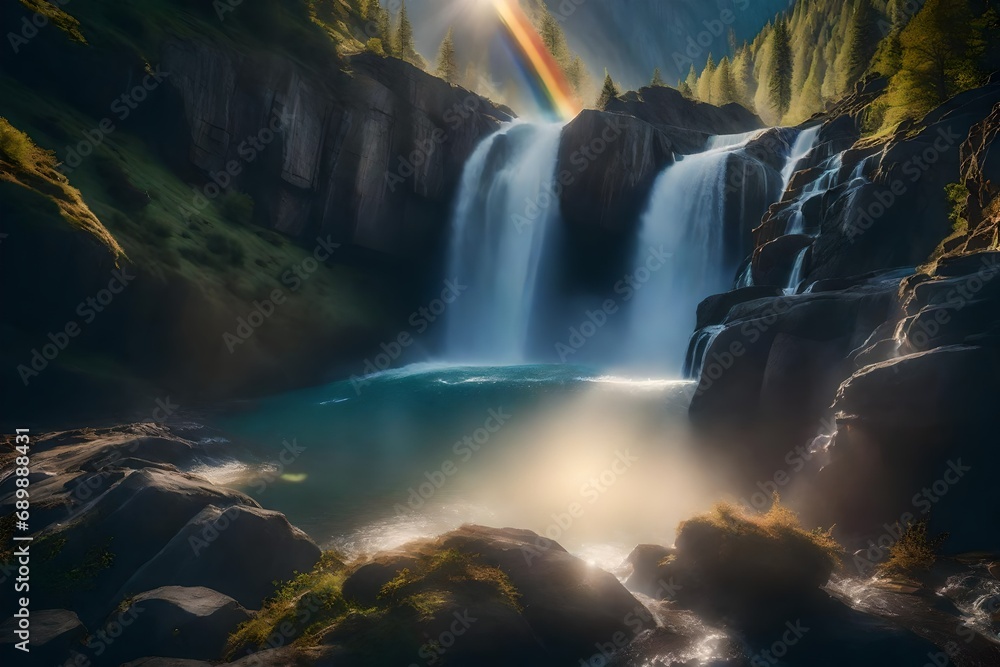 Design a scene featuring a cascading waterfall amidst a rocky canyon, with sunlight creating rainbows in the mist