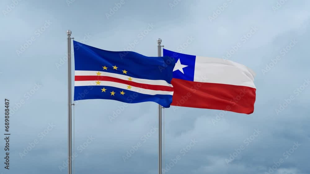 Chile flag and Cape Verde flag waving together on cloudy sky, endless seamless loop, two country relations concept Chile flag and Cape Verde flag waving together on cloudy sky, endless seamless loop, two country relations concept