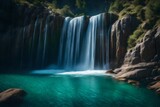 Craft an image of a waterfall amidst rocky cliffs, with water splashing into a crystal-clear pool below