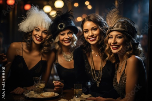 Beautiful flappers dressed in style of Roaring twenties . Vintage, retro party, fashion, girls friends, 1920s 1930s style gentlemen in a luxury, Flapper Chicago gangsters, nightlife elegance. photo