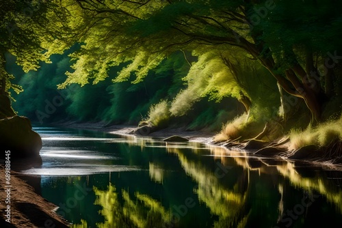 Capture the tranquility of a secluded riverbank with overhanging trees  creating dappled light on the water s surface