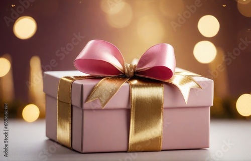 Christmas gift box with pink bow and decoration on bokeh background