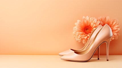 Crédence de cuisine Pantone 2024 Peach Fuzz A pair of nude colored high heeled shoes next to a flower, peach fuzz, color of the year 2024, monochromatic image  © Friedbert