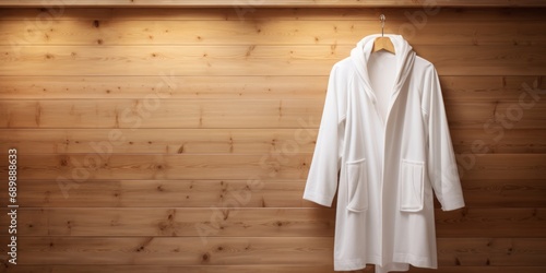 blank white bathrobe Mockup Hangs Gracefully Against a Polished Wood Backdrop ready for sale and merchandise