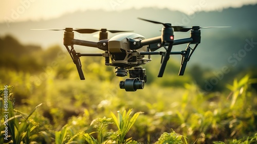 A black drone flying over a lush green field