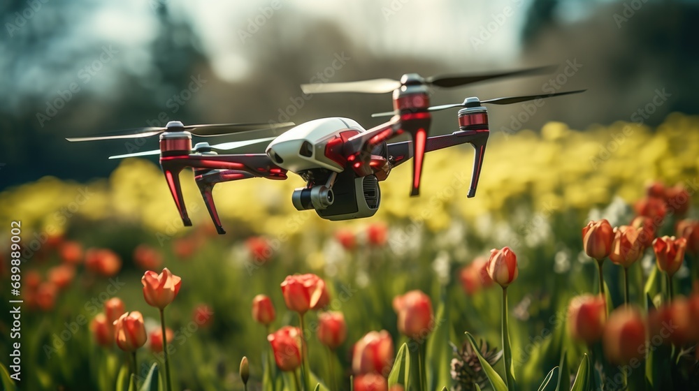 A red and white drone flying over a field of flowers A red and white drone flying over a field of flowers