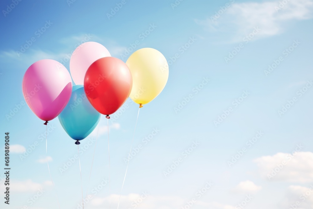 Five balloons of different colors in the sky