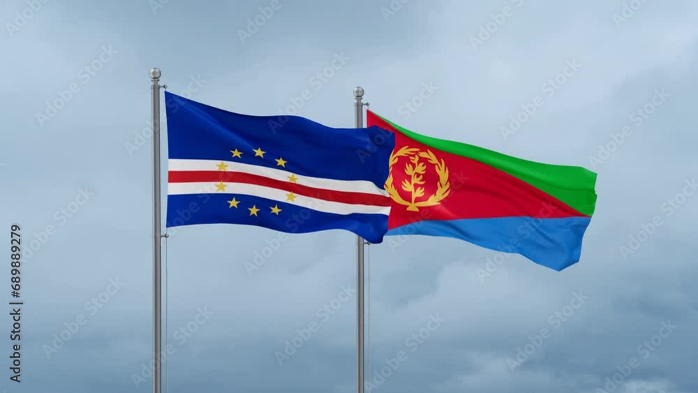 Eritrea and Cape Verde flag waving together on cloudy sky, endless seamless loop, two country cooperation concept Eritrea and Cape Verde flag waving together on cloudy sky, endless seamless loop, two country cooperation concept