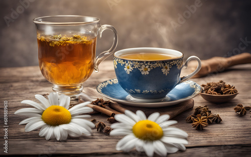 Closeup on a cup of Chamomile tea with spices and flowers on a table