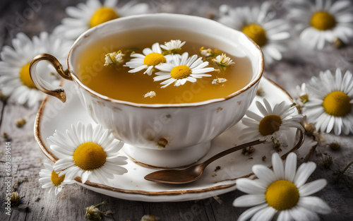 Closeup on a cup of Chamomile tea with spices and flowers on a table