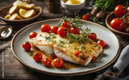 Baked cod with potatoes and cherry tomatoes on wooden table