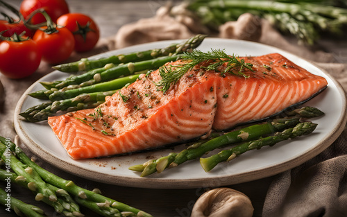 Herb garnished salmon with asparagus and tomatoes, top view