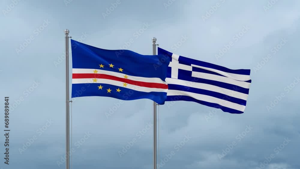 Greece flag and Cape Verde flag waving together on cloudy sky, endless seamless loop, two country relations concept Greece flag and Cape Verde flag waving together on cloudy sky, endless seamless loop, two country relations concept