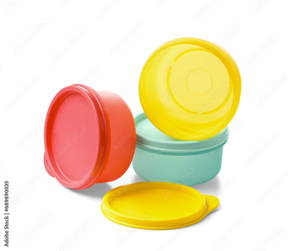 Plastic containers with sealed lids isolated on white background Plastic containers with sealed lids isolated on white background