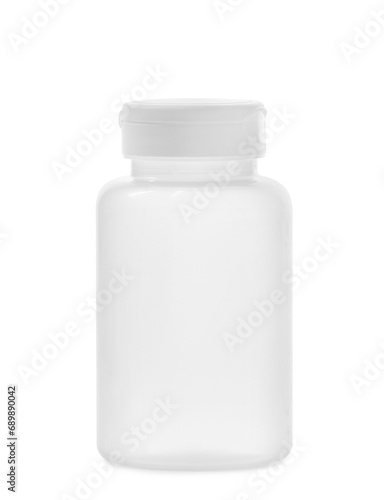 White plastic bottle for pills, vitamin, nutritional supplements on a white background.