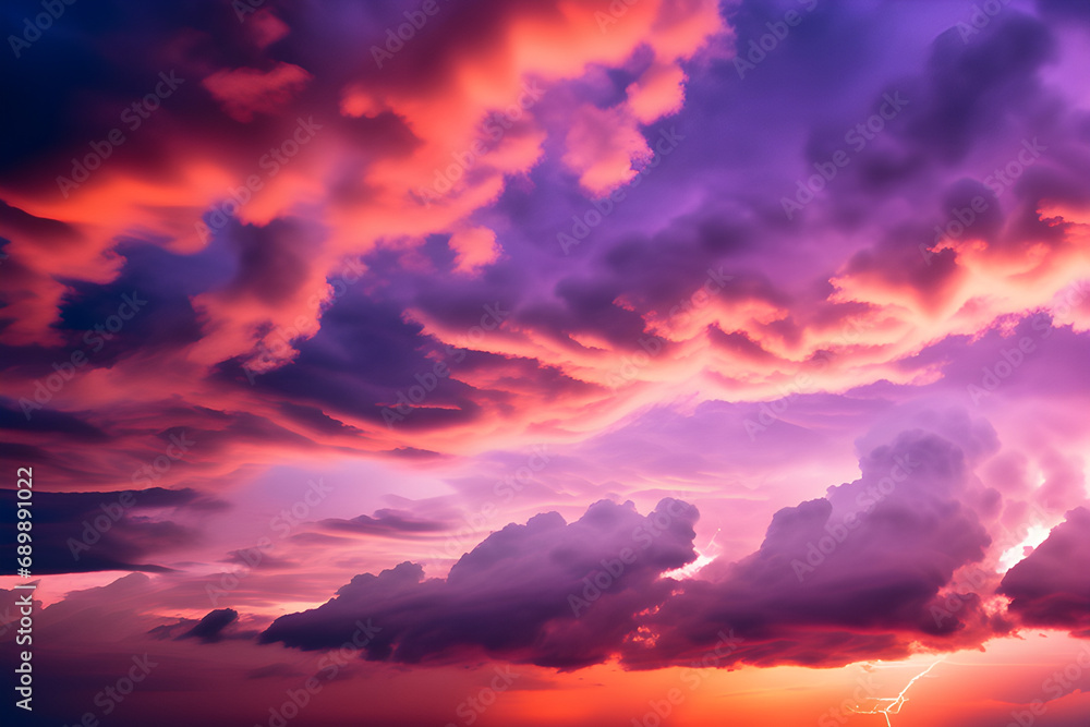 Stormy evening: clouds of color, dramatic skies and ominous hurricanes, fire and smoke dancing with lightning generative ai