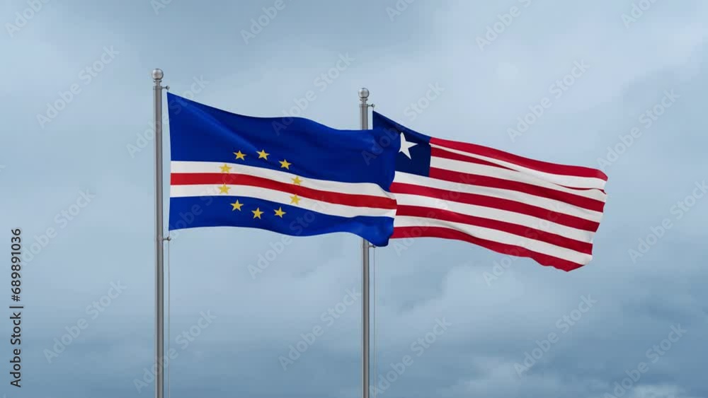 Liberia and Cape Verde flag waving together on cloudy sky, endless seamless loop, two country cooperation concept Liberia and Cape Verde flag waving together on cloudy sky, endless seamless loop, two country cooperation concept
