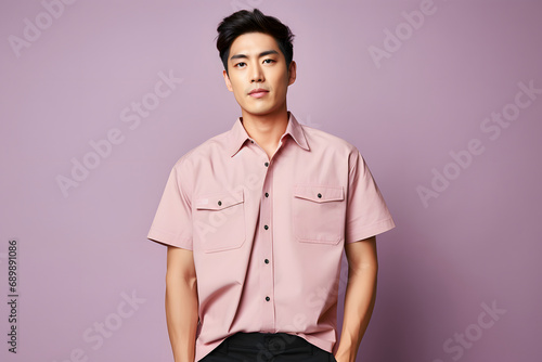 Asian Model in Pink Shirt on Pink Background