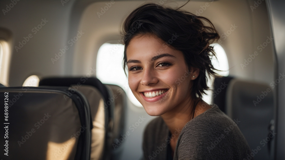 Happy young woman taking a selfie photo with a smart mobile phone boarding a plane, cheerful tourist inside the plane about to take off, travel lifestyle concept , space for text Happy young woman taking a selfie photo with a smart mobile phone boarding a plane, cheerful tourist inside the plane about to take off, travel lifestyle concept , space for text