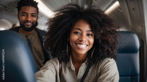 Happy young woman taking a selfie photo with a smart mobile phone boarding a plane,Cheerful tourist inside the plane about to take off,Travel lifestyle concept 