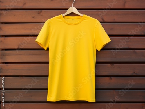 blank yellow T-Shirt Mockup Hangs Gracefully Against a Polished Wood Backdrop ready for sale and merchandise
