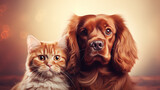Banner dog spaniel and scottish cat together on studio background, copy space. Pet shop, wallpaper 
