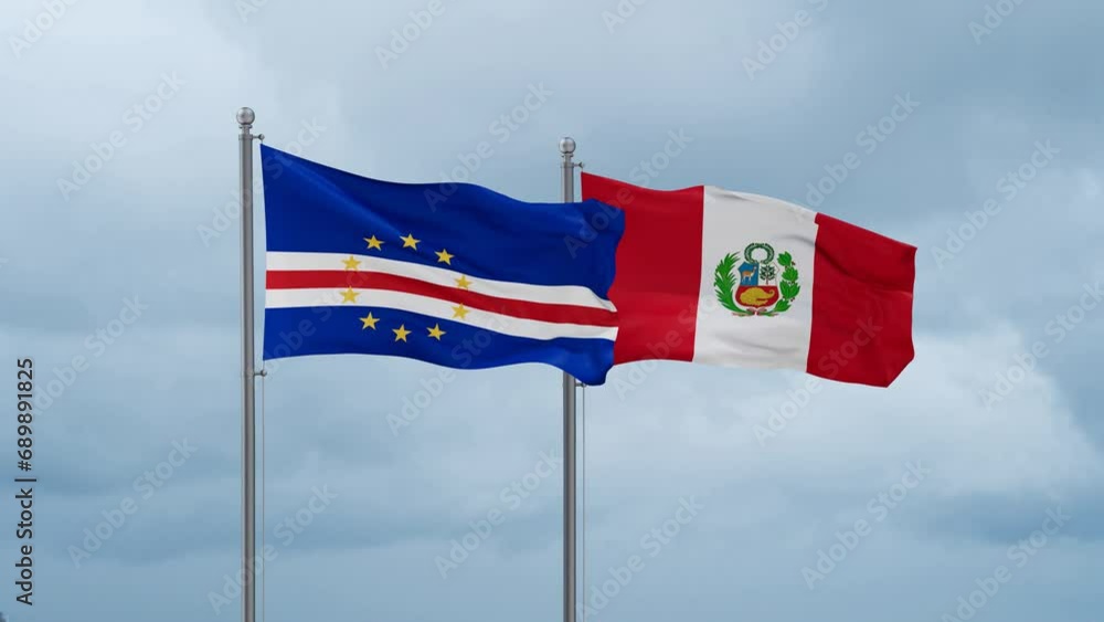 Peru and Cape Verde flag waving together on cloudy sky, endless seamless loop, two country cooperation concept Peru and Cape Verde flag waving together on cloudy sky, endless seamless loop, two country cooperation concept