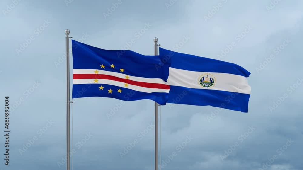Republic of El Salvador and Cape Verde flag waving together on cloudy sky, endless seamless loop, two country cooperation concept Republic of El Salvador and Cape Verde flag waving together on cloudy sky, endless seamless loop, two country cooperation concept