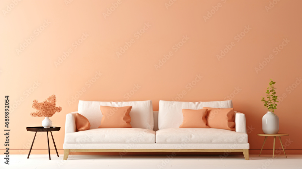 A living room with a white couch and orange walls, peach fuzz, color of the year 2024, monochromatic image A living room with a white couch and orange walls, peach fuzz, color of the year 2024, monochromatic image