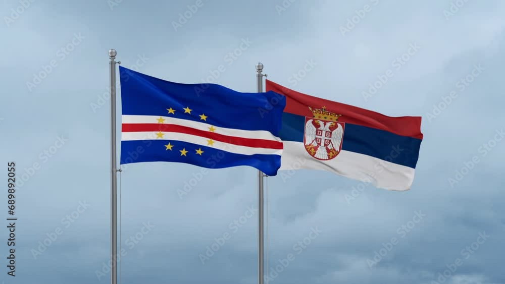 Republic of Serbia and Cape Verde flag waving together on cloudy sky, endless seamless loop, two country cooperation concept Republic of Serbia and Cape Verde flag waving together on cloudy sky, endless seamless loop, two country cooperation concept