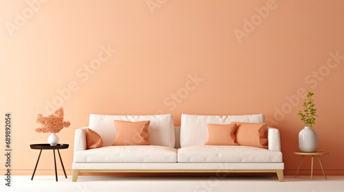 A living room with a white couch and orange walls, peach fuzz, color of the year 2024, monochromatic image photo