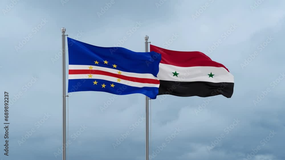 Syrian Arab Republic, Syria and Cape Verde flag waving together on cloudy sky, endless seamless loop, two country cooperation concept Syrian Arab Republic, Syria and Cape Verde flag waving together on cloudy sky, endless seamless loop, two country cooperation concept