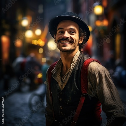 A lively man wearing a traditional hat emits happiness as he smiles warmly on a cobbled street illuminated by soft evening light
