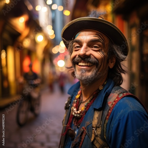 Cheerful man with a whimsical mustache and hat beams joyfully on a colorful urban street