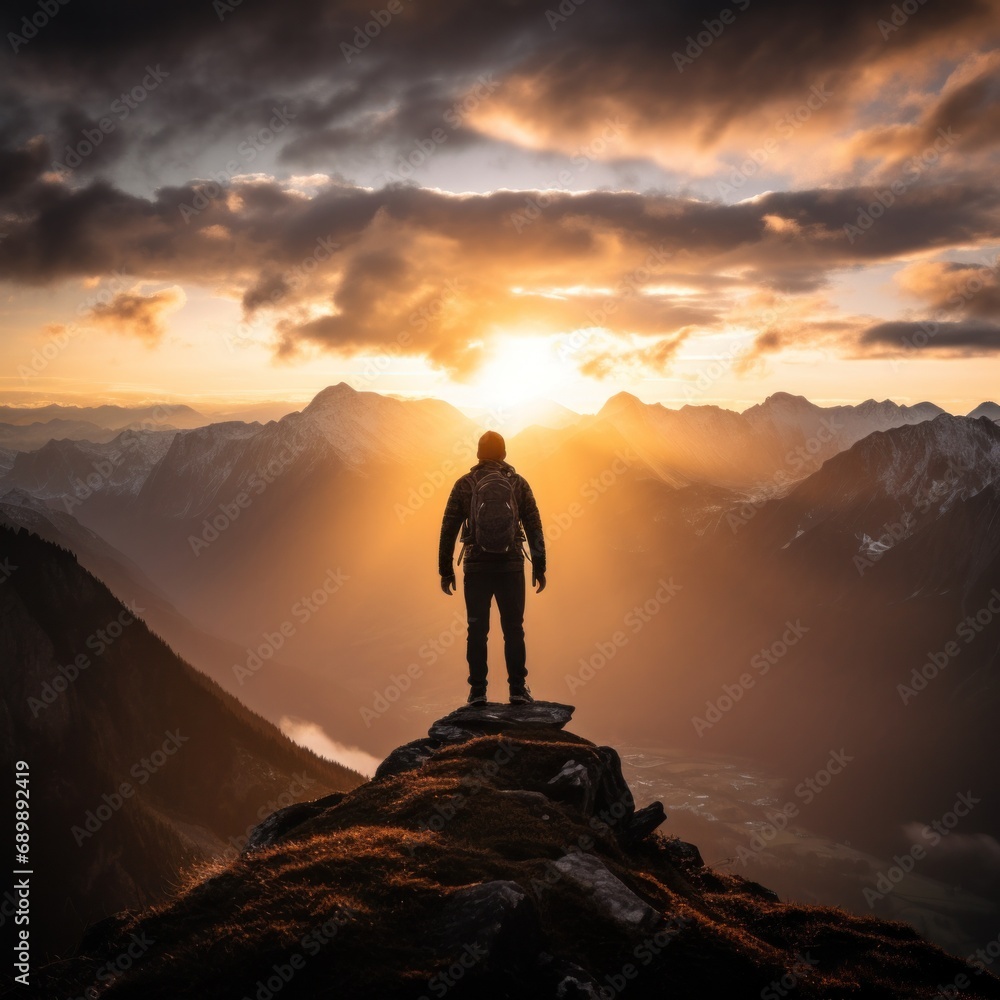 A lone traveler stands silhouetted against a dramatic sunrise backdrop amidst mountain ranges
