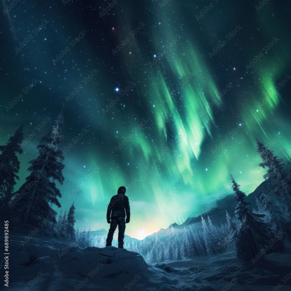 Figure stands viewing a breathtaking northern lights display in snowy winter forest at night