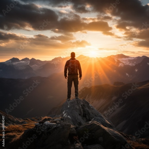 Captured at sunrise, a hiker stands on a mountain ridge overlooking a breathtaking landscape of peaks