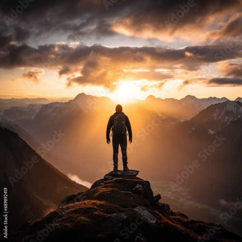 A lone traveler stands silhouetted against a dramatic sunrise backdrop amidst mountain ranges © mockupzord
