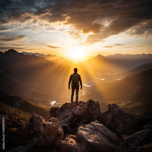 An adventurer stands on a mountaintop as the setting sun casts vibrant rays over the valley below © mockupzord