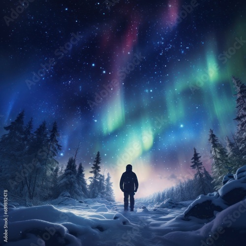 Singular figure stands before a stunning display of the aurora borealis in a snowy forest