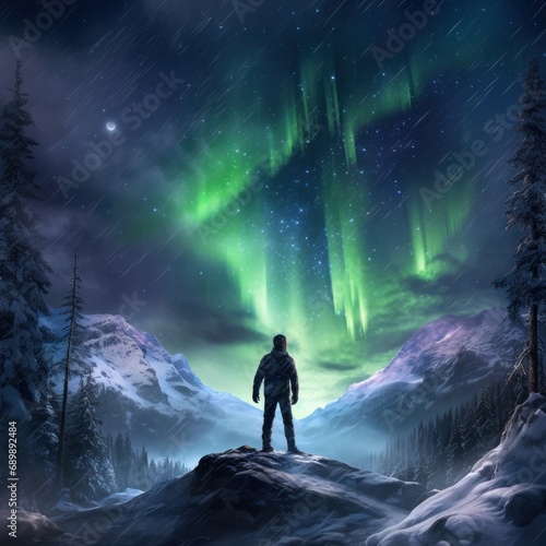 Lone traveler stands on a rocky outcrop, captivated by the magnificent aurora borealis in the night sky