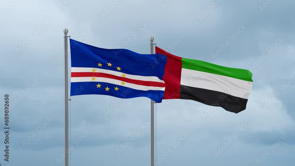 United Arab Emirates and Cape Verde flag waving together on cloudy sky, endless seamless loop, two country cooperation concept United Arab Emirates and Cape Verde flag waving together on cloudy sky, endless seamless loop, two country cooperation concept