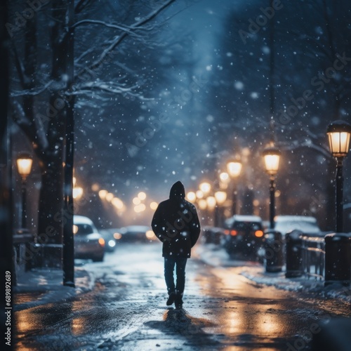 Quiet urban scene featuring a single person walking through snow-covered streets under the glow of dim streetlights