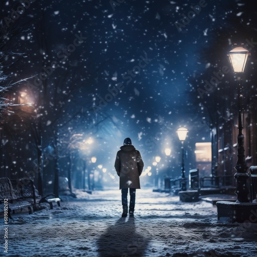 A lone individual is seen from behind, standing in a snow-covered street lit by streetlamps at night