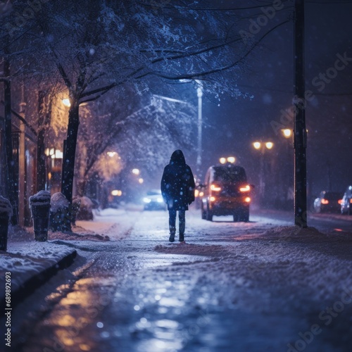 A solitary figure stands still on a snowy and illuminated city street at night  invoking a feeling of quietude and reflection